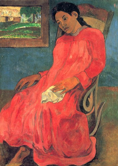 Vrouw in rode jurk door Paul Gauguin